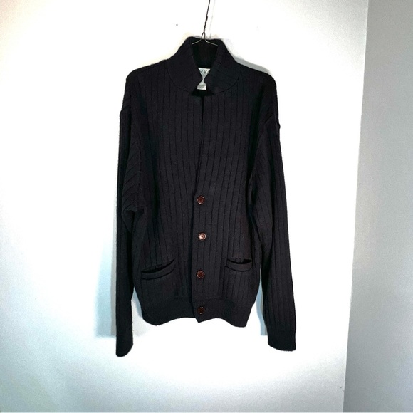 Orvis Cardigan Sweater Mens Sz L Navy Collar Button Front - Picture 2 of 6